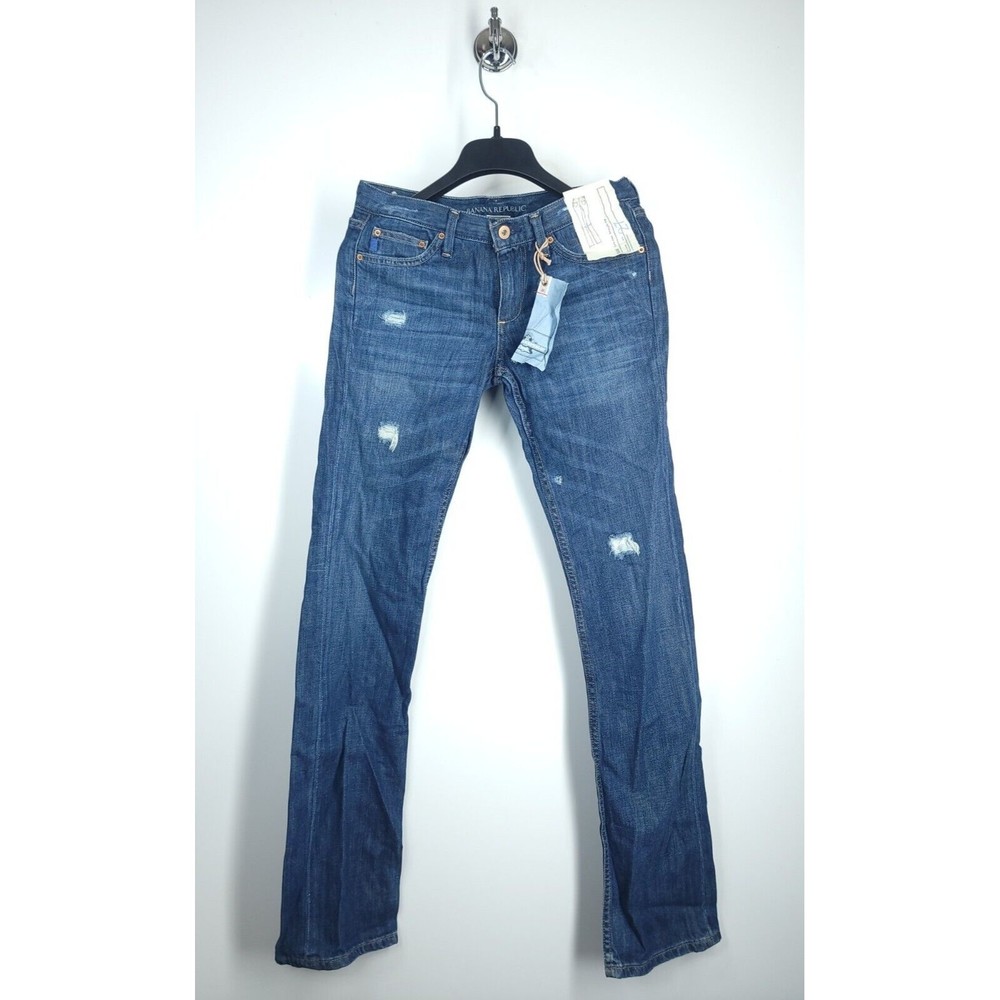 Banana Republic Blue  Denim Distressed Straight Jeans Lowrise Womens Size 27 NWT